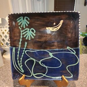 Large Earthworks Barbados Glazed Terracotta Beach Scene 11" X 11" Serving Plate